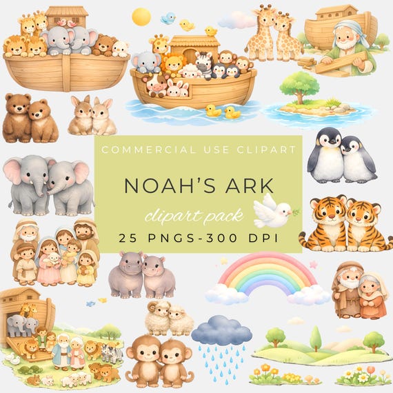 Noah's Ark Clipart, Watercolor Animals, Nursery Decor, Christian Digital Download, Bible Story Graphics by ClipartCuriosity
