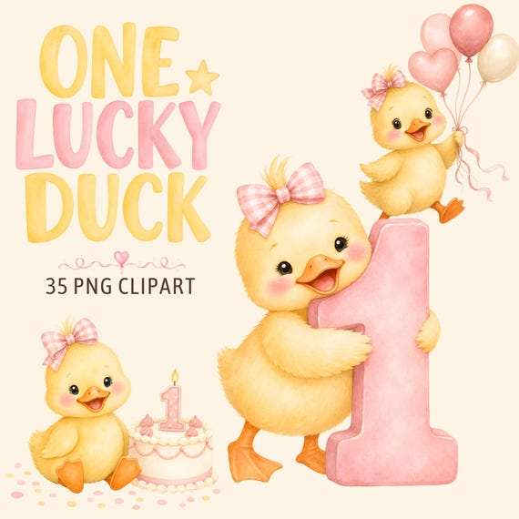 One Lucky Duck Clipart PNG, Pink Duck First Birthday Clipart, Our Little Duck Is One, Girl Birthday, Watercolor Rubber Duck PNG by ClipartCuriosity