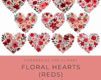 Red Watercolor Floral Heart Clipart, 11 PNGs for Valentines, Wedding, or Love-Themed Crafts & Gift Ideas