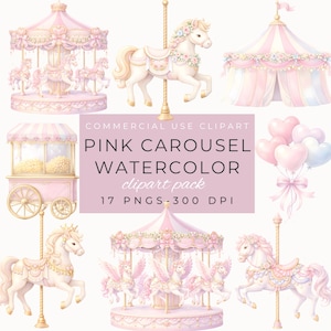 Carrousel rose des cliparts aquarelle, art de la chambre de bébé cheval de carrousel, baby shower carnaval des cliparts, téléchargement numérique