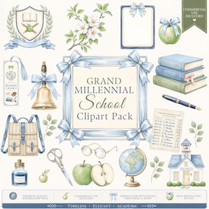 May include: A digital collection of watercolor school-themed illustrations featuring a central frame with the text Grand Millennial School Clipart Pack, surrounded by books, a globe, a bell, a backpack, apples, glasses, scissors, and a library card.