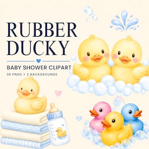 May include: Digital illustration featuring yellow, pink, and blue rubber ducks, soap bubbles, a stack of folded towels, and a baby bottle with measurement markings. The text reads RUBBER DUCKY BABY SHOWER CLIPART 38 PNGS + 2 BACKGROUNDS.