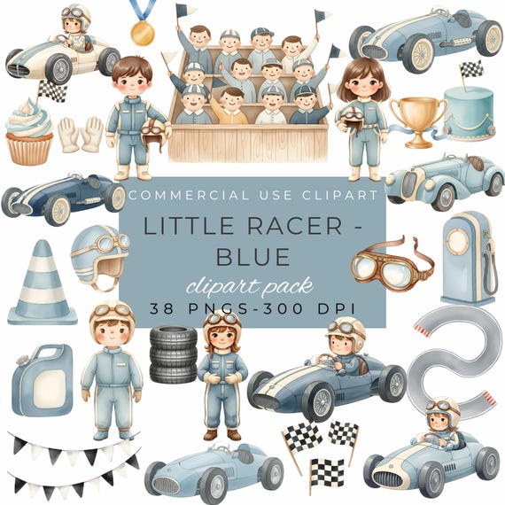 Watercolor Little Racer Clipart, Race Car PNG, Vintage Birthday Decor, Nursery Art, Digital Download, Cute Cars by ClipartCuriosity