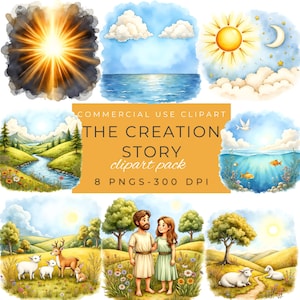 Könnte beinhalten: Eine Sammlung von Aquarell-Clipart-Illustrationen mit Szenen aus der Schöpfungsgeschichte. Enthält Bilder von Sonne, Mond, Meer, Land und Menschen. Der Text auf dem Bild lautet "COMMERCIAL USE CLIPART THE CREATION STORY clipart pack 8 PNGS-300 DPI".
