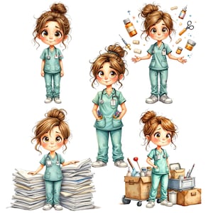 May include: A collection of illustrations featuring a cartoon nurse with brown hair in a bun, wearing a light teal scrub uniform and a stethoscope. The nurse is depicted with various medical supplies, including pills, syringes, and a medical cart.