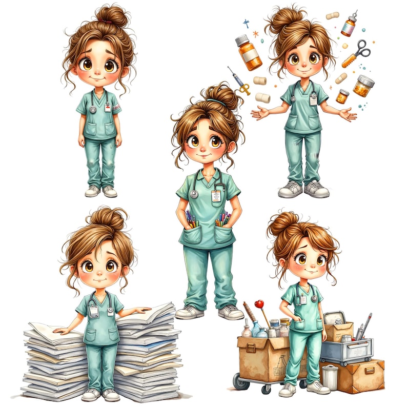 May include: A collection of illustrations featuring a cartoon nurse with brown hair in a bun, wearing a light teal scrub uniform and a stethoscope. The nurse is depicted with various medical supplies, including pills, syringes, and a medical cart.