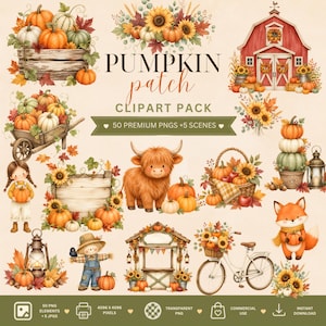 Puede incluir: Una colección de imágenes prediseñadas digitales titulada PUMPKIN patch CLIPART PACK con ilustraciones en acuarela de calabazas, girasoles, hojas de otoño, un granero rojo, una vaca highland, un zorro, una bicicleta y linternas.