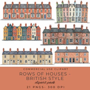 May include: A collection of watercolour illustrations of British-style terraced houses. The houses are depicted in various colours, including red brick, yellow, and pastel shades. The image includes the text "ROWS OF HOUSES - BRITISH STYLE clipart pack".