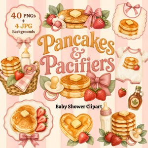 Puede incluir: Una colección de imágenes prediseñadas digitales titulada Pancakes & Pacifiers que presenta ilustraciones de pilas de panqueques con mantequilla y jarabe, chupetes, baberos, bodies, fresas, biberones, botellas de jarabe y lazos rosas sobre un fondo de rayas rosa claro.
