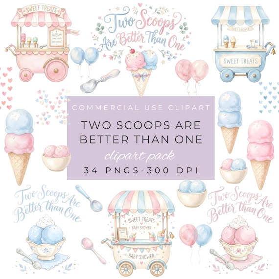 Two Scoops Are Better Than One Clipart Bundle PNG, Twins Baby Shower Clipart, Ice Cream Baby Shower Decor, Watercolor Pastel Twin Shower by ClipartCuriosity