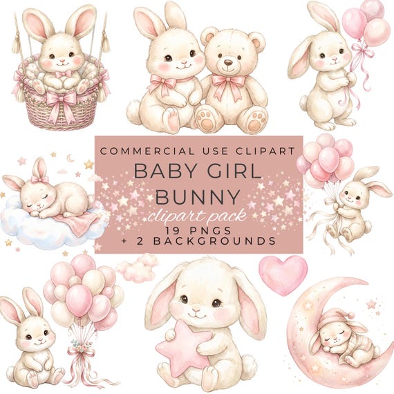 Watercolor Baby Girl Bunny Clipart, Pink Bunny Balloon PNG, Baby Shower Rabbit Clipart, Nursery Decor PNG, Watercolor Bunny Bundle by ClipartCuriosity