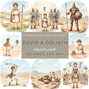 Imágenes prediseñadas de David y Goliat, ilustraciones de historias bíblicas en acuarela, descarga digital para proyectos del ministerio infantil.