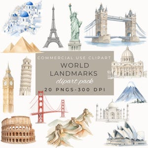 Peut inclure: Illustrations à l'aquarelle de monuments du monde, dont la Tour Eiffel, la Statue de la Liberté, Big Ben et le Colisée. L'image contient le texte "WORLD LANDMARKS clipart pack 20 PNGS-300 DPI".