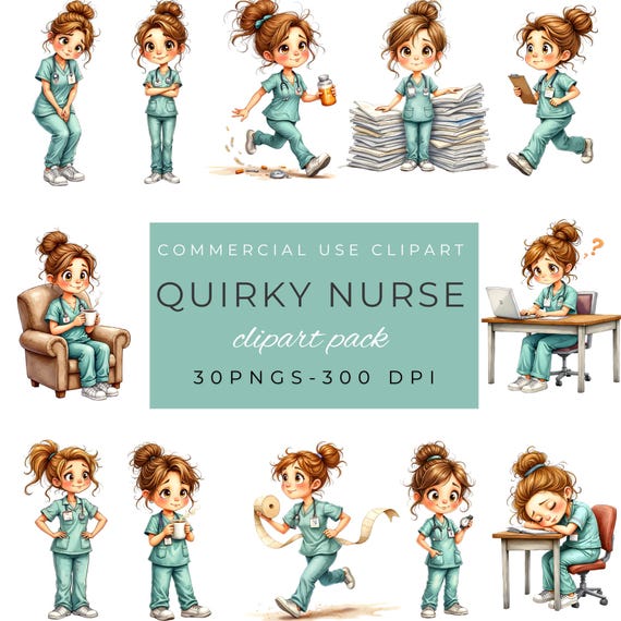 Quirky Nurse Clipart Bundle - Funny Nurse Clipart - Cute RN Illustrations for Stickers, Cards, Scrapbooking