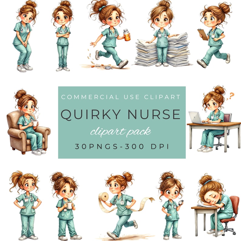 May include: A collection of whimsical illustrations of a nurse in various poses. The nurse is depicted in light blue scrubs, with brown hair in a bun. The illustrations include the text "Quirky Nurse clipart pack".