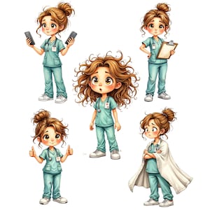 May include: A collection of cartoon illustrations of nurses in various poses. The nurses are wearing light blue scrubs and have brown hair. Some are holding phones, a clipboard, or giving a thumbs up. One nurse is wearing a white lab coat.