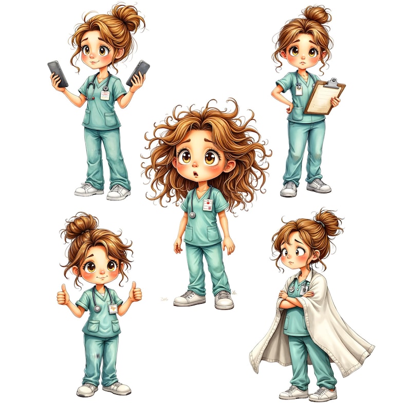 May include: A collection of cartoon illustrations of nurses in various poses. The nurses are wearing light blue scrubs and have brown hair. Some are holding phones, a clipboard, or giving a thumbs up. One nurse is wearing a white lab coat.