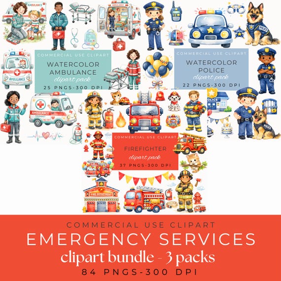 Emergency Services Clipart Bundle - SAVE 50%, Fire Truck PNG, Police Car Clipart, Ambulance PNG, Community Helpers, Kids Emergency Vehicles by ClipartCuriosity