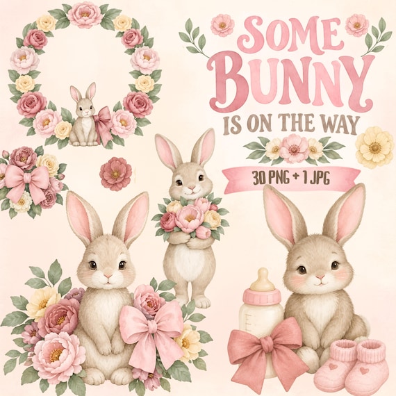 Some Bunny Is On The Way Clipart, Bunny Baby Shower PNG, Pink Bow Bunny, Watercolor Rabbit Clipart, Coquette Baby Shower, Spring Bunny Art by ClipartCuriosity