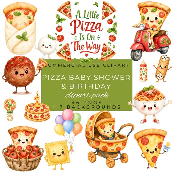 Pizza Baby Shower Clipart, Cute Pizza PNG Images for Baby Shower, Digital Download, Italian Party Decor, Pizza 1st Birthday PNG by ClipartCuriosity