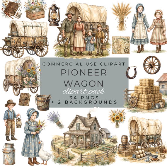 Pioneer Wagon Clipart, Covered Wagon PNG, Pioneer Life Clipart, Western Homestead Graphics, Prairie Watercolor Bundle by ClipartCuriosity