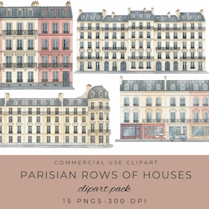 Può includere: Illustrazioni ad acquerello di edifici parigini in colori pastello. L'immagine presenta diverse file di case con dettagli architettonici, balconi e tetti grigi. Il testo in basso recita "PARISIAN ROWS OF HOUSES clipart pack".