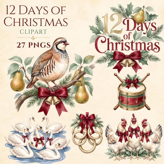 12 Days of Christmas Clipart, Victorian Watercolor Christmas PNG, Twelve Days Christmas Song, Vintage Holiday Clipart, Festive Xmas Graphics by ClipartCuriosity