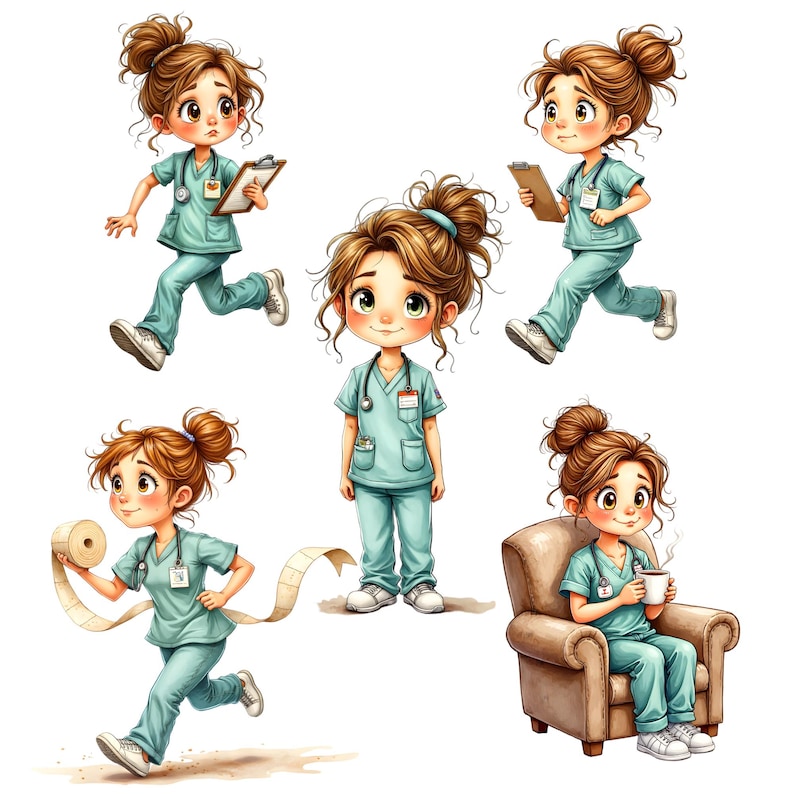 May include: A collection of cartoon illustrations of a nurse in various poses. The nurse is wearing light blue scrubs, a stethoscope, and a name tag. One illustration shows the nurse running with a clipboard, another with a roll of bandage, and another sitting in a chair.