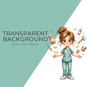 May include: Illustration of a cartoon nurse in teal scrubs with a stethoscope, surrounded by medical supplies. The image includes text that reads "TRANSPARENT BACKGROUND 300 DPI PNGS". The nurse has brown hair and is smiling.