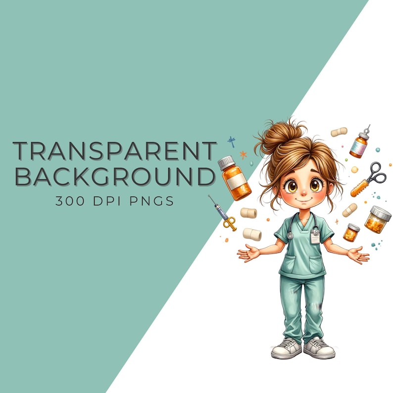 May include: Illustration of a cartoon nurse in teal scrubs with a stethoscope, surrounded by medical supplies. The image includes text that reads "TRANSPARENT BACKGROUND 300 DPI PNGS". The nurse has brown hair and is smiling.