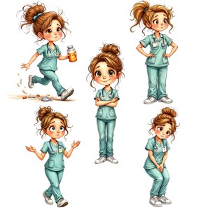 May include: A collection of cartoon illustrations of a nurse in various poses. The nurse is depicted with brown hair, wearing a light teal scrub uniform, a stethoscope, and white sneakers. One illustration shows the nurse running with a pill bottle.