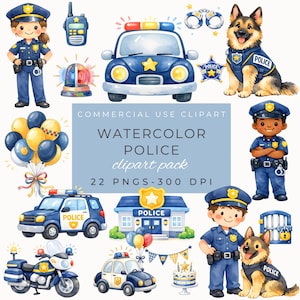 Polis Clipart - Akvarell polishund, polisbil, födelsedagsfestdekor, barnrumskonst, direktnedladdning PNG