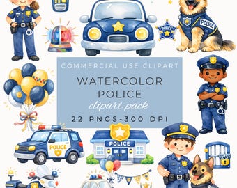 Imágenes prediseñadas de policía: perro policía en acuarela, coche de policía, decoración para fiestas de cumpleaños, arte infantil, descarga instantánea PNG