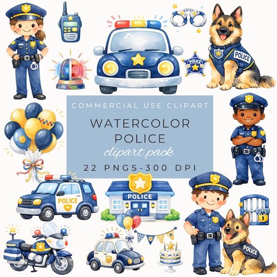 Police Clipart - Watercolor Police Dog, Police Car, Birthday Party Decor, Nursery Art, Instant Download PNG by ClipartCuriosity