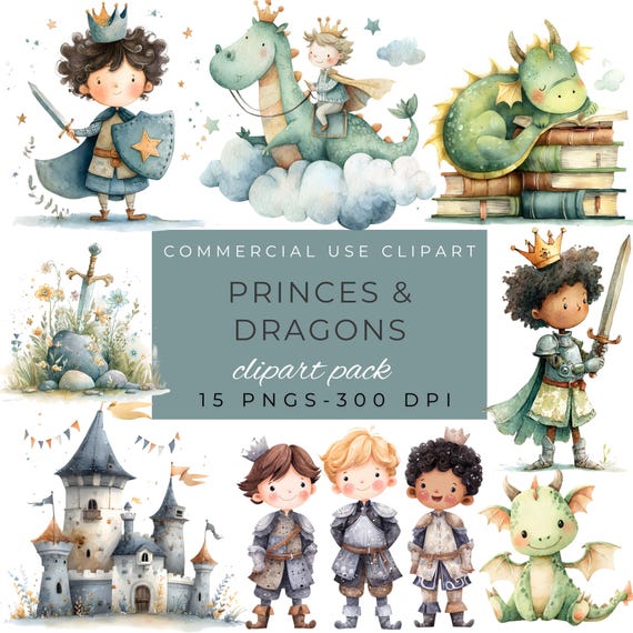 Watercolor Magical Kingdom Set - Prince and Dragon Clipart – Fairytale Princes and Castles PNGs by ClipartCuriosity
