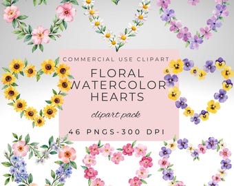 Floral Hearts Clipart Pack - Watercolor Romantic Graphics for Valentines, Weddings & DIY Crafts - Digital Download