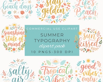 Summer Typography Clipart Bundle, Watercolor Summer Quotes PNG, Hello Sunshine Beach Vibes Lettering, Vacation Aesthetic Digital Download