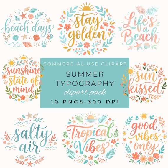 Summer Typography Clipart Bundle, Watercolor Summer Quotes PNG, Hello Sunshine Beach Vibes Lettering, Vacation Aesthetic Digital Download by ClipartCuriosity