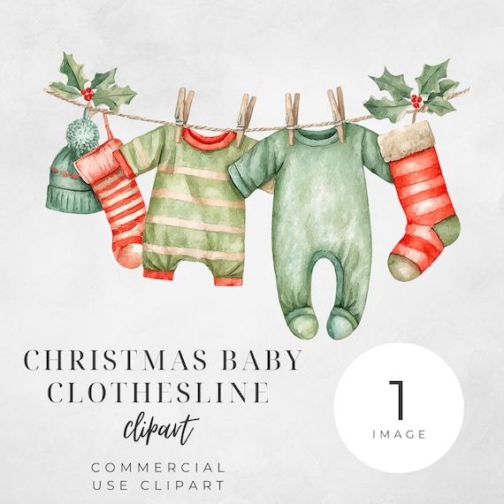 Christmas Baby Clothesline Watercolor Clipart | SINGLE IMAGE | Instant download | Digital Download | Commercial Use PNG by ClipartCuriosity