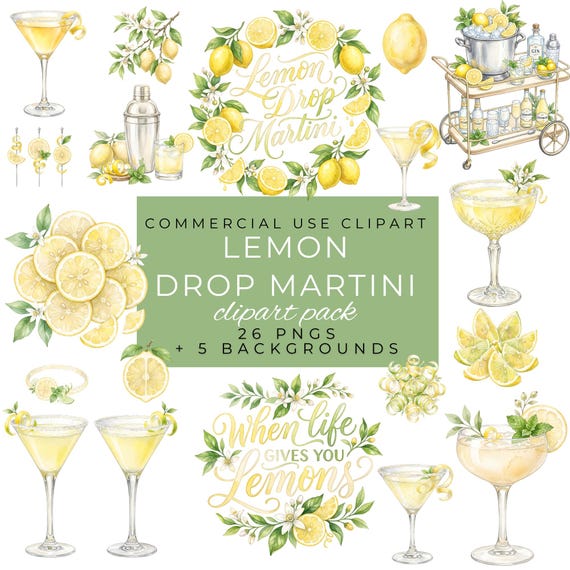 Lemon Drop Martini Clipart, Watercolor Drink PNG, Summer Cocktail Art, Citrus Party Decor, Alcohol Graphics, Watercolor cocktail by ClipartCuriosity