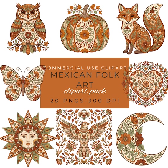 Mexican Folk Art Clipart Bundle PNG, Rustic Talavera Fall PNG, Autumn Graphics, Pumpkins Florals Boho Harvest Clip Art by ClipartCuriosity