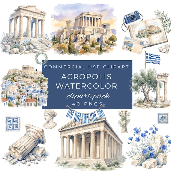 Acropolis Watercolor Clipart Pack | Greece PNG | Parthenon Clipart | Greek Travel | Ancient Ruins | 40 Watercolor PNGs by ClipartCuriosity