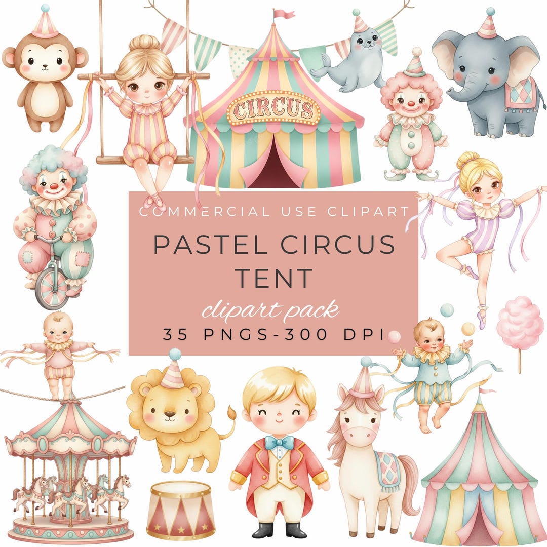 Pastel Circus Tent Clipart, Watercolor Carnival Animals, Digital ...