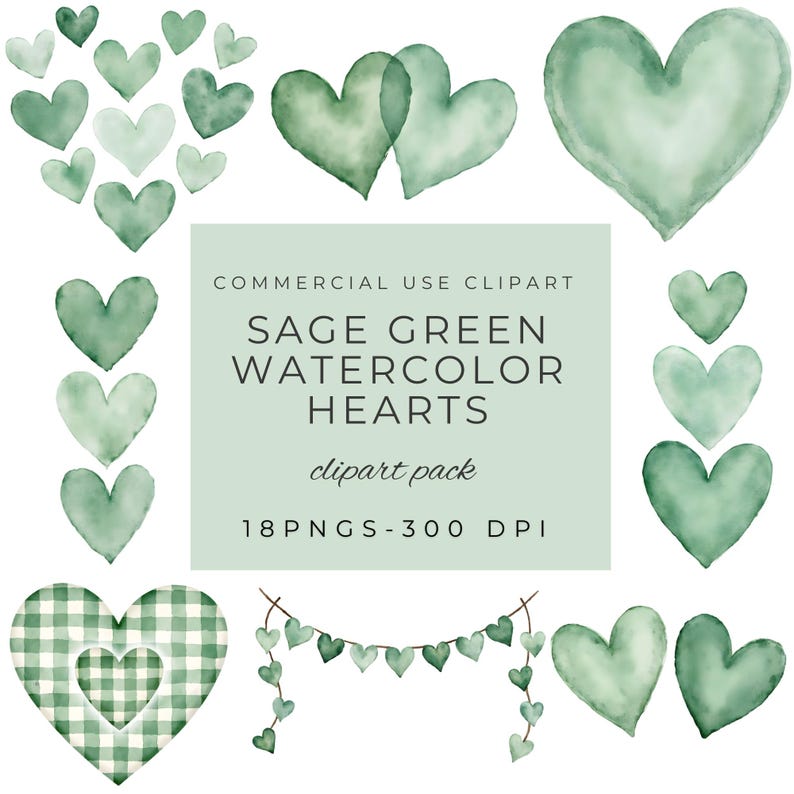 Sage Green Heart Clipart Rustic Watercolor Hearts PNG Wedding Clip — free download