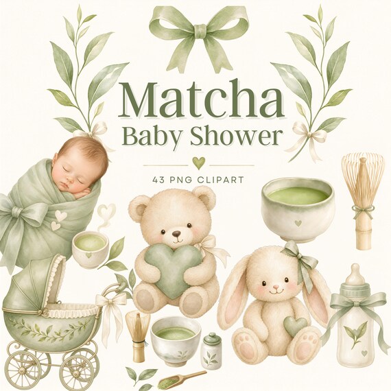 Matcha Baby Shower Clipart, 43 Watercolor PNG, We Love You So Matcha, Sage Green Baby Shower, Matcha Tea Party, Baby Sprinkle Graphics by ClipartCuriosity