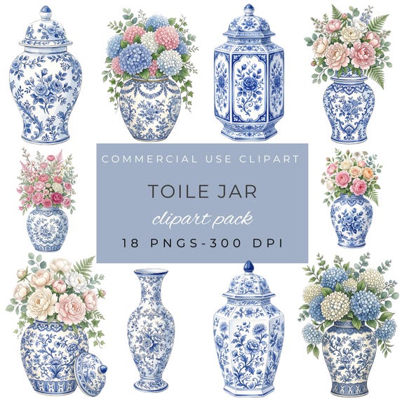 Toile Jar Clipart, Chinoiserie PNG, Floral Digital Download, Vintage Home Decor, Instant Art Print by ClipartCuriosity
