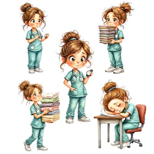 May include: A digital illustration featuring a series of cartoon nurses in teal scrubs. The nurses are depicted in various poses, including holding a stopwatch, carrying books, and resting at a desk. The image has a clean, white background.