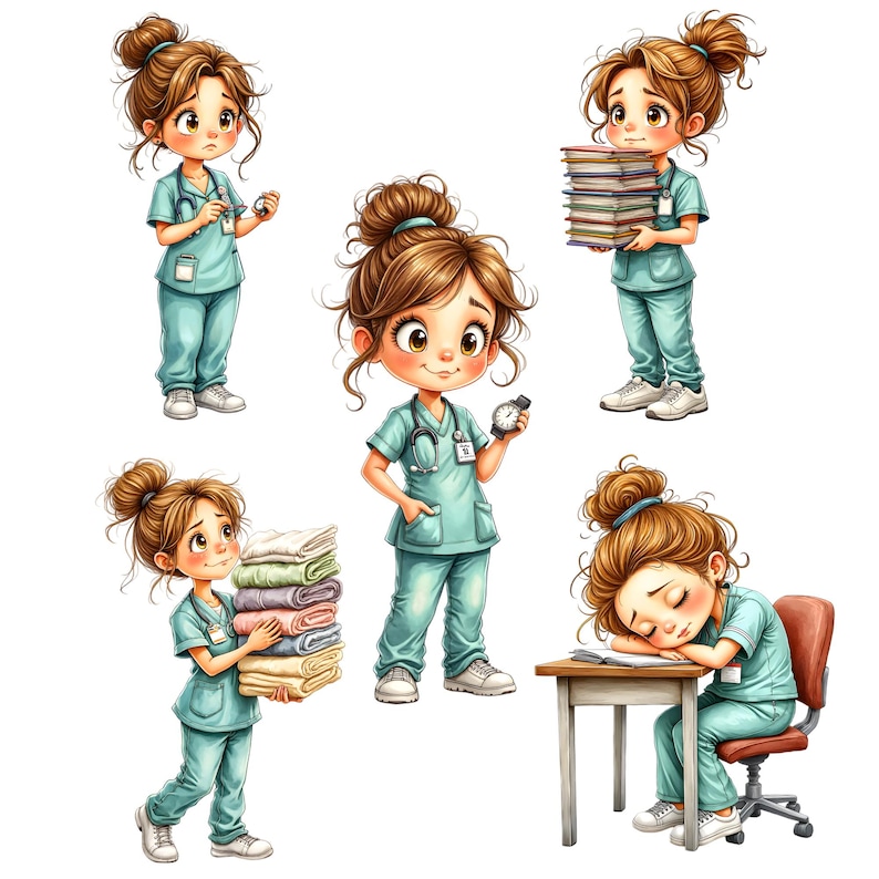 May include: A digital illustration featuring a series of cartoon nurses in teal scrubs. The nurses are depicted in various poses, including holding a stopwatch, carrying books, and resting at a desk. The image has a clean, white background.