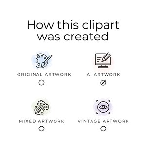 May include: White background with the text "How this clipart was created." Below are four options: Original Artwork, AI Artwork, Mixed Artwork, and Vintage Artwork, each with an icon and a selection circle. The AI Artwork option is selected.