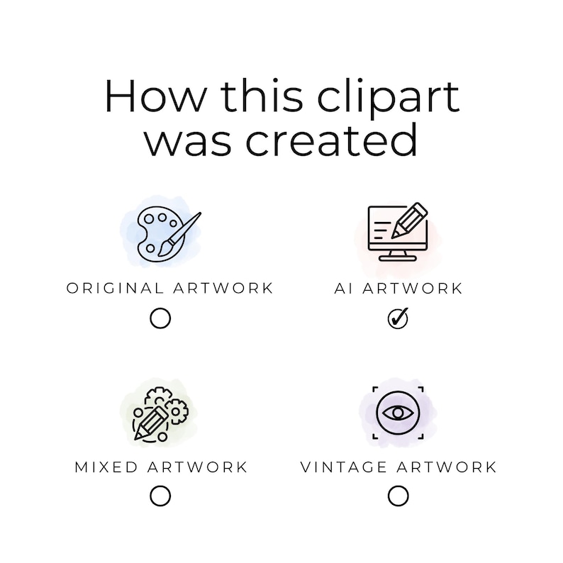 May include: White background with the text "How this clipart was created." Below are four options: Original Artwork, AI Artwork, Mixed Artwork, and Vintage Artwork, each with an icon and a selection circle. The AI Artwork option is selected.